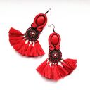 Kolczyki sutaszowe ręcznie haftowane Red - czerwono-brązowe frędzle 9 cm