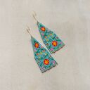 Kolczyki z frędzlami z koralików - turkusowe, akcenty złota, styl boho