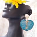 🌿 Duże, letnie kolczyki mosiężno - miedziane w kształcie liścia - turkusowa bajka