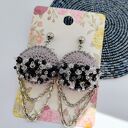 Kolczyki szare szydełkowe z koralikami i łańcuszkami