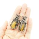 Kolczyki z tygrysim okiem - ręcznie robione wire wrapping z oksydowanej miedzi