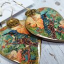 Kolczyki decoupage ze stali chirurgicznej - vintage kwiaty i ptak