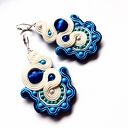 Kolczyki sutaszowe haftowane Blue & Ecru (średnie, 5 cm)