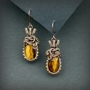 Kolczyki z tygrysim okiem - ręcznie robione wire wrapping z oksydowanej miedzi