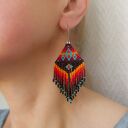 Kolczyki z frędzlami etniczne z koralików - turkus i czerń, styl indiańce (9 cm)
