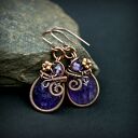 Miedziane kolczyki z ametystem - wiszące wire wrapping