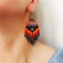 Kolczyki z frędzlami etniczne z koralików - turkus i czerń, styl indiańce (9 cm)