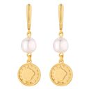 Złote długie kolczyki z monetami i perłami SWAROVSKI® CRYSTAL