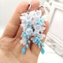 Długie kolczyki grona, matowe dzwoneczki, błękitne, kolczyki ślubne eleganckie