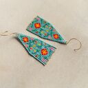 Kolczyki z frędzlami z koralików - turkusowe, akcenty złota, styl boho