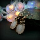 Kolczyki z różowym kwarcem - miedziane wire wrapping, wiszące, ręcznie robione