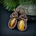 Kolczyki z tygrysim okiem - ręcznie robione wire wrapping z oksydowanej miedzi