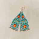 Kolczyki z frędzlami z koralików - turkusowe, akcenty złota, styl boho