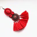 Kolczyki sutaszowe ręcznie haftowane Red - czerwono-brązowe frędzle 9 cm