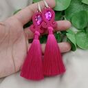 Różowe kolczyki fuksja amarantowe, chwosty boho długie frędzle na lato wesele kryształowe