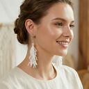 Długie Kolczyki Boho z Białych Koralików - Ślubne Chwosty