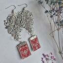 Kolczyki ludowe folkowe ażury z czerwonym motywem - unikat handmade
