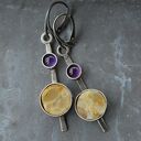 srebrne kolczyki z bursztynem i ametystem