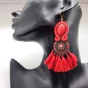 Kolczyki sutaszowe ręcznie haftowane Red - czerwono-brązowe frędzle 9 cm