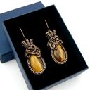 Kolczyki z tygrysim okiem - ręcznie robione wire wrapping z oksydowanej miedzi
