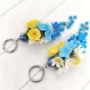 Długie kolczyki kwiatowe handmade - żółte róże, rumianki i niebieskie