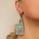 Kolczyki z frędzlami z koralików - turkusowe, akcenty złota, styl boho