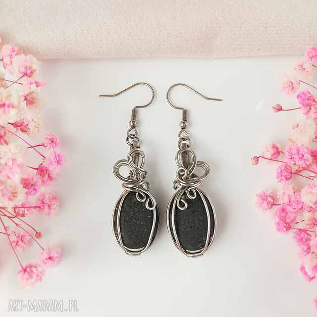 Kolczyki Lawa Wulkaniczna stal chirurgiczna handmade wirewrapping