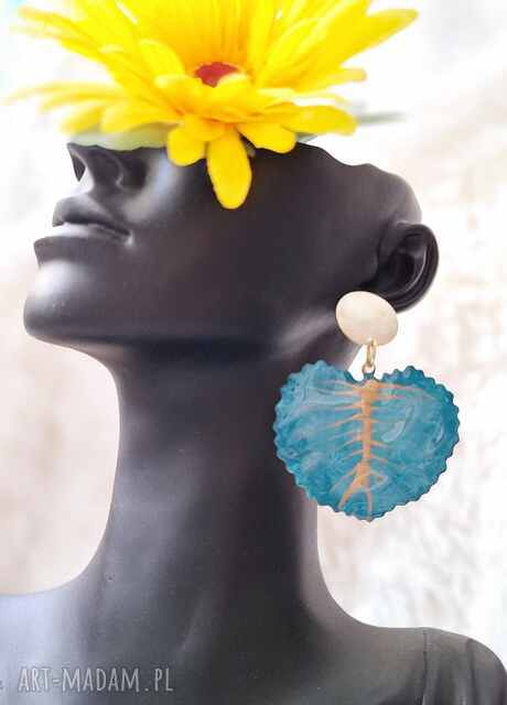 🌿 Duże, letnie kolczyki mosiężno-miedziane w kształcie liścia - turkusowa bajka z nutą lata 🌞