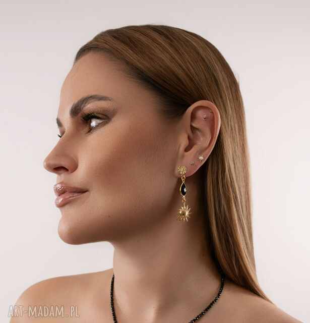 Kolczyki z onyksem Azteckie Słońce, Srebro 925 w złotym pokryciu