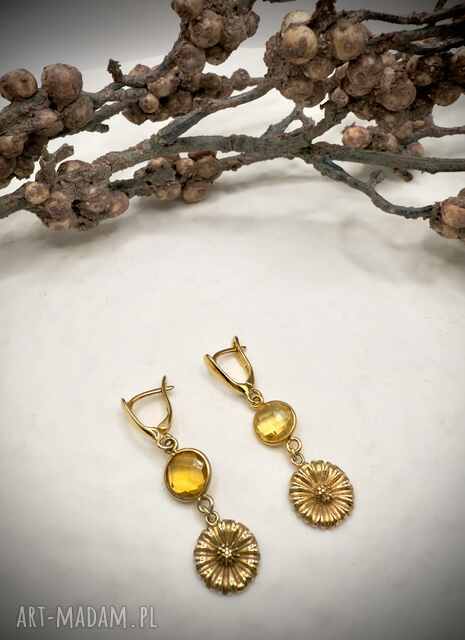 Kolczyki z cytrynem Kwiaty, Srebro 925 w złotym pokryciu