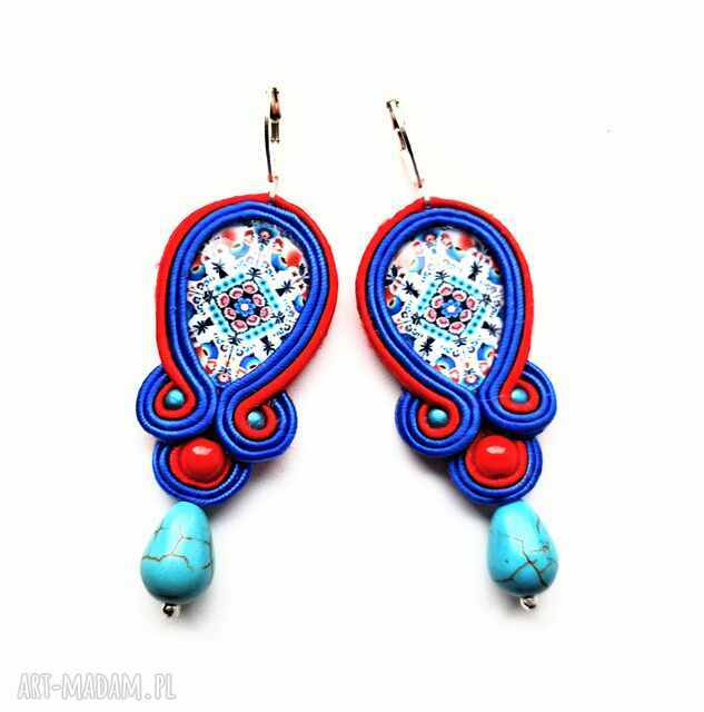 Kolczyki sutaszowe ręcznie haftowane Czerwone Koguty