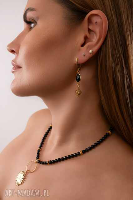 Kolczyki z czarnym onyksem Azteckie Słońce, Srebro 925 w złotym pokryciu