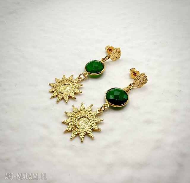 Kolczyki z onyksem Słońce z Księżycem, Srebro 925 w złotym pokryciu