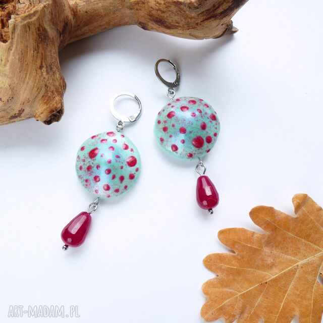 Kolczyki „Miętowe muchomorki z malinową kroplą jadeitu”