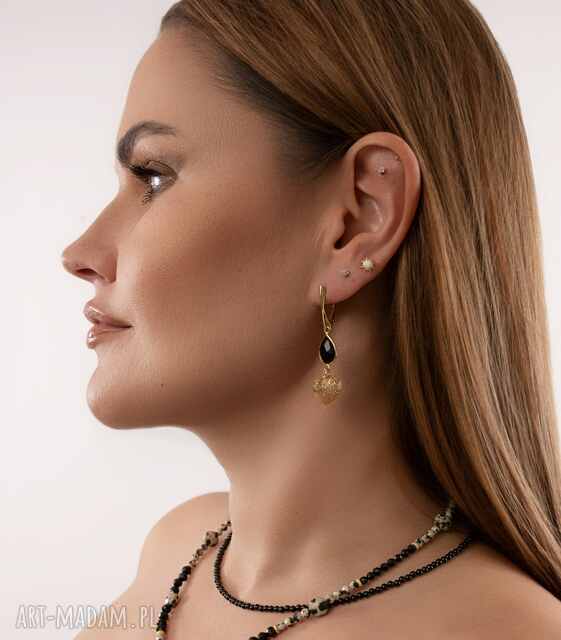 Kolczyki z onyksem Serce, Srebro 925 w złotym pokryciu