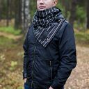 Szal czarny w prążek, wełna ze skórą, komin, unisex, szal wełniany, skórzana zapinka