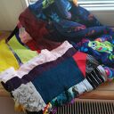 Kolorowy komin oversize patchworkowy Etno Boho z frędzlami na podszewce