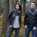 Szal komin ze skórą - unisex, czarna jodełka połysk