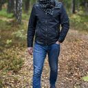 Szal czarny w prążek, wełna ze skórą, komin, unisex, szal wełniany, skórzana zapinka