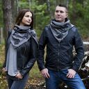 Szal komin ze skórą - unisex, czarna jodełka połysk
