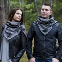 Szal komin ze skórą - unisex, czarna jodełka połysk