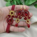 Bordowy komplet biżuterii soutache, bordo złoto kryształowa na wesele ślub