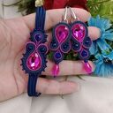 Fuksja i granat, komplet biżuterii soutache kolczyki i bransoletka róż i granatowy, dodatki na ślub