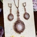 komplety handmade wiktoriański miedziany zestaw kolczyki i wisiorek z różowym kwarcem #s5