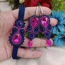 Fuksja i granat, komplet biżuterii soutache kolczyki i bransoletka róż i granatowy, dodatki na ślub