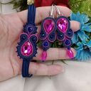 Fuksja i granat, komplet biżuterii soutache kolczyki i bransoletka róż i granatowy