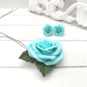 Komplet róże sztyfty i zawieszka miętowo - turkusowe handmade masa polimerowa stal