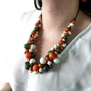 Naszyjnik drewniany duży masywny pomarańcz zieleń krem