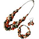 Naszyjnik drewniany duży masywny pomarańcz zieleń krem