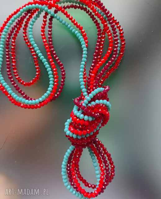 Naszyjnik Korale Sznury Kryształki Czerwone Turkusowe